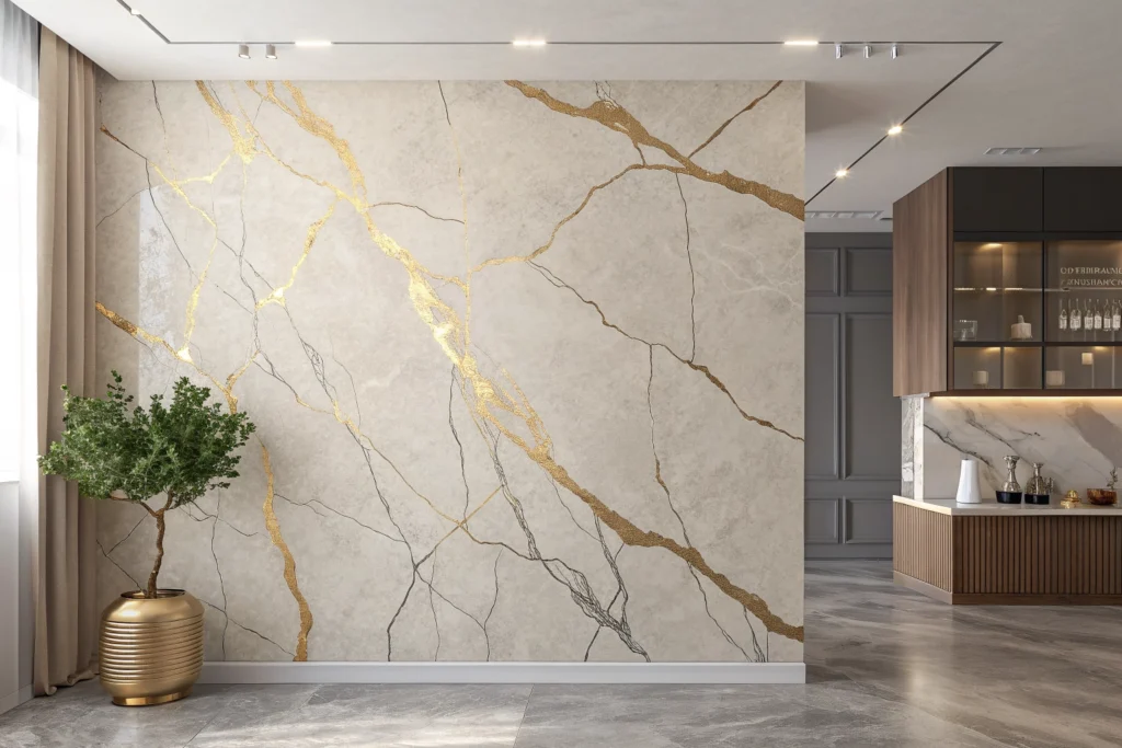 Luxury decorative plaster texture with metallic gold and silver accents, Novacolor style, modern interior wall finish